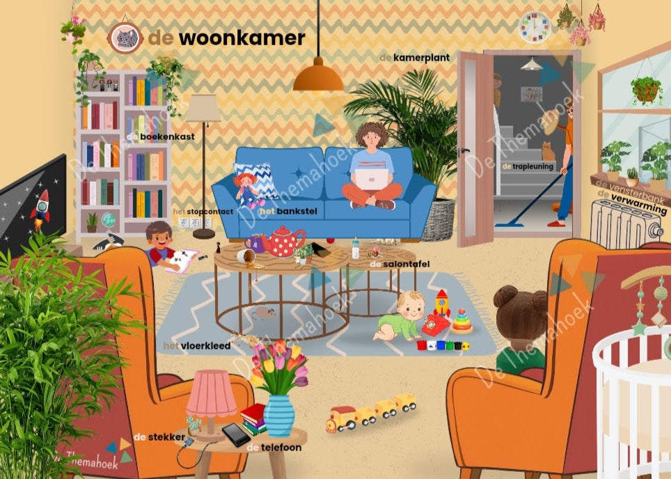 kleuters, groep 1/2, woordkaarten thema huis, thema huis, thema mijn huis, thema hier woon ik, woordkaartjes, woordplaten, woordenschat, nt2 leerlingen, taalontwikkeling, taalvaardigheid, auditieve oefeningen, de themahoek, themahoek, woordkaartjes, woordplaat, woordenparaplu