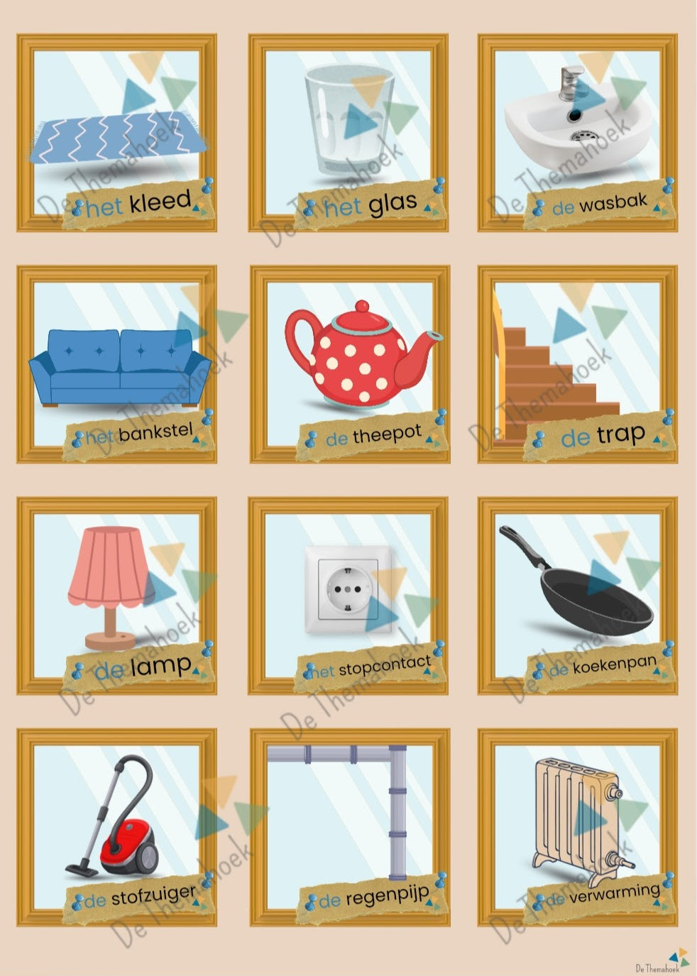 Thema huis, kleuters, groep 1/2, woordenschat, auditieve oefeningen, spelen, huishoek, spel huishoek, meertalige leerlingen, de themahoek, themahoek, inloop, thema mijn huis, huis, thema hier woon ik, woordkaartjes, inloop, woordkaarten, memory