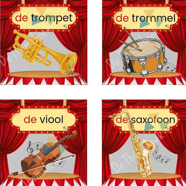 memory, thema circus, kleuters, groep 1/2, thema spot on, spot aan, kinderboekenweek, woordkaartjes, woordkaarten, muziekinstrumenten, theater, voorstelling, woordenschat, taalontwikkeling, spel, de themahoek, themahoek circus
