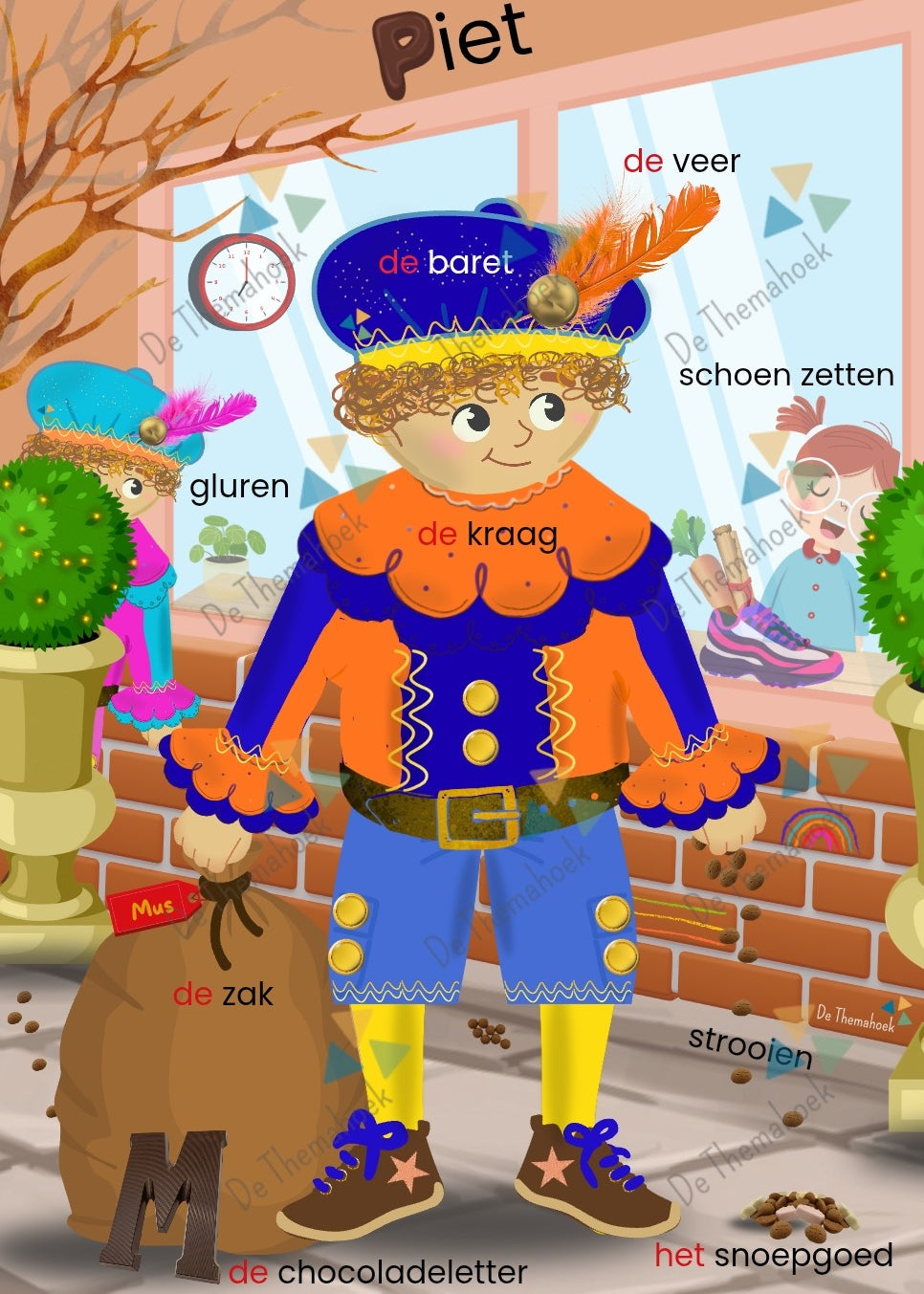 Woordkaarten, thema sint, thema sinterklaas, piet, woordkaart piet, woordplaat, auditieve oefeningen sint, sinterklaas, nt2 onderwijs, nt2 leerlingen, de themahoek, themahoek sint