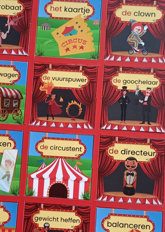 memory, thema circus, kleuters, groep 1/2, thema spot on, spot aan, kinderboekenweek, woordkaartjes, woordkaarten, muziekinstrumenten, theater, voorstelling, woordenschat, taalontwikkeling, spel, de themahoek, themahoek circus