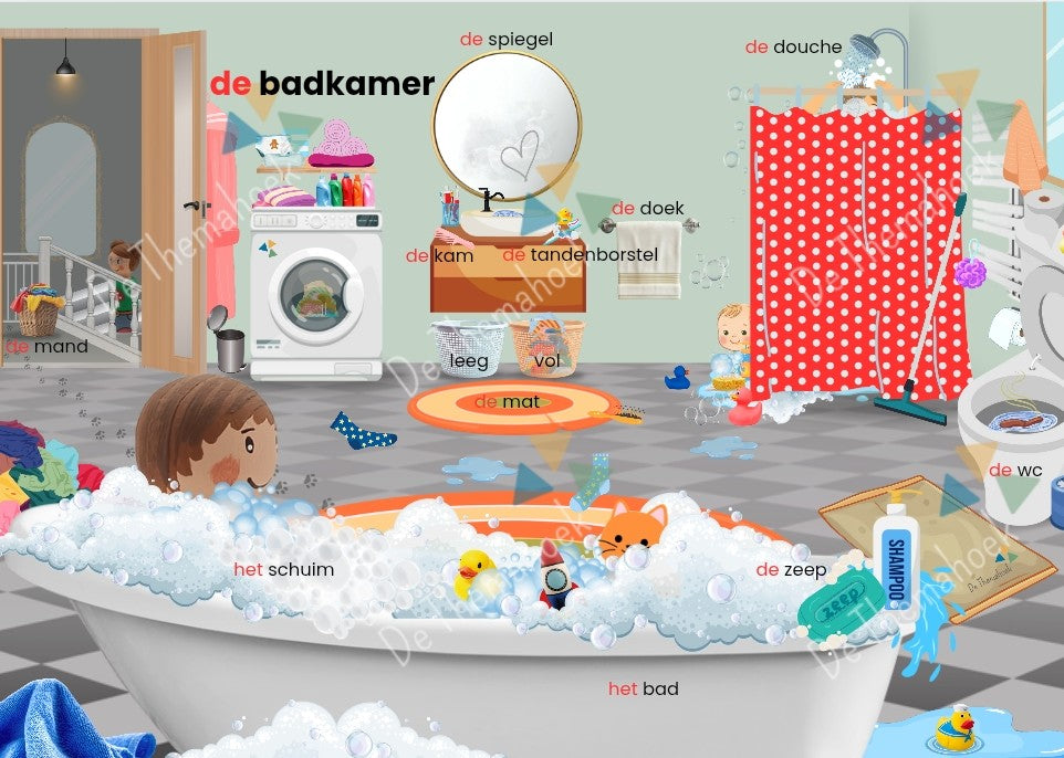 kleuters, groep 1/2, woordkaarten thema huis, thema huis, thema mijn huis, thema hier woon ik, woordkaartjes, woordplaten, woordenschat, nt2 leerlingen, taalontwikkeling, taalvaardigheid, auditieve oefeningen, de themahoek, themahoek, woorden, badkamer