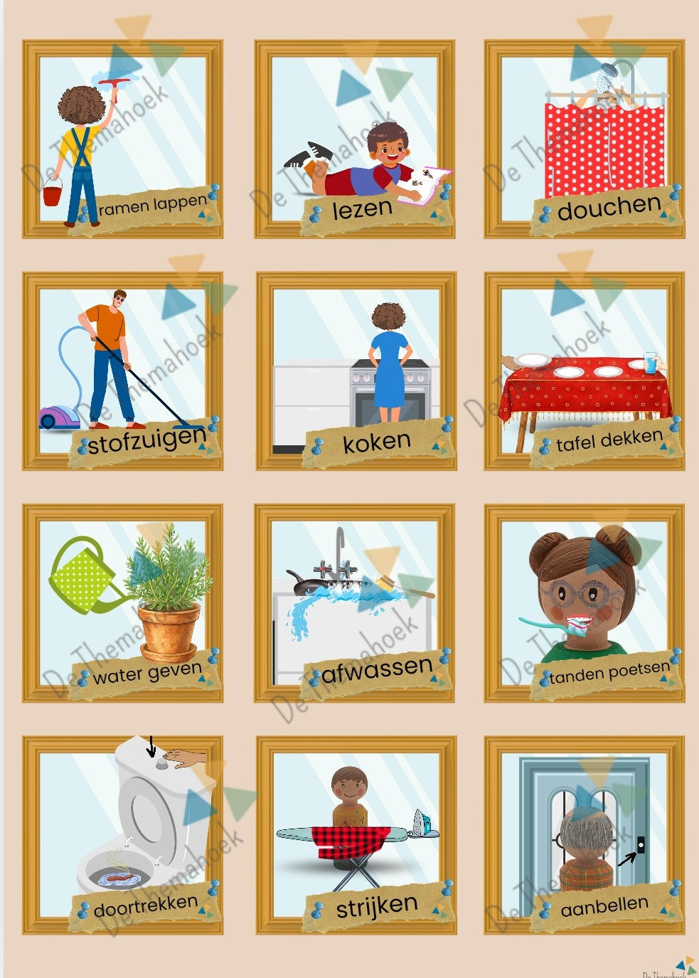 thema huis, thema mijn huis, thema hier woon ik, memory, woordkaartjes, werkwoorden, spel, woordenschat, nt2, taalontwikkeling, in huis, de themahoek, themahoek, huishoek, spel huishoek, auditieve oefeningen, bewegend leren