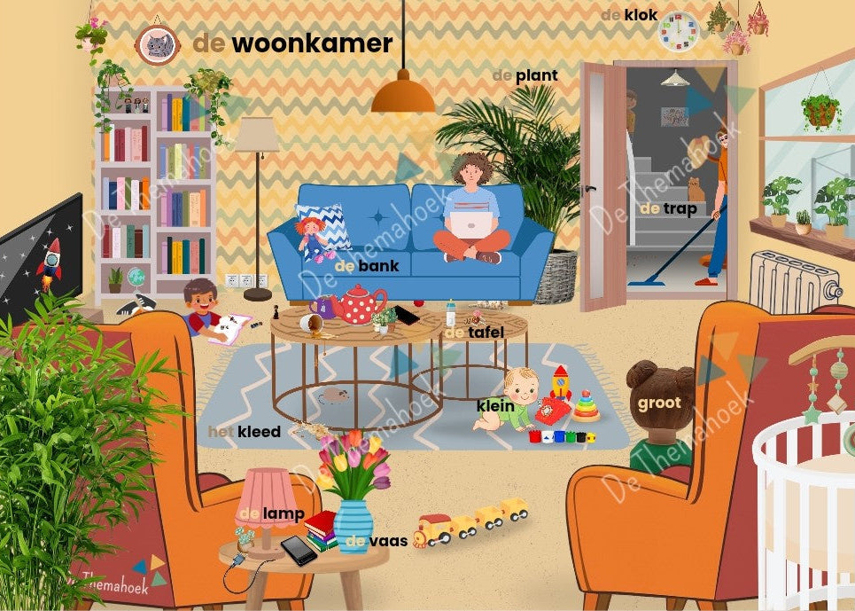 kleuters, groep 1/2, woordkaarten thema huis, thema huis, thema mijn huis, thema hier woon ik, woordkaartjes, woordplaten, woordenschat, nt2 leerlingen, taalontwikkeling, taalvaardigheid, auditieve oefeningen, de themahoek, themahoek, woordplaat