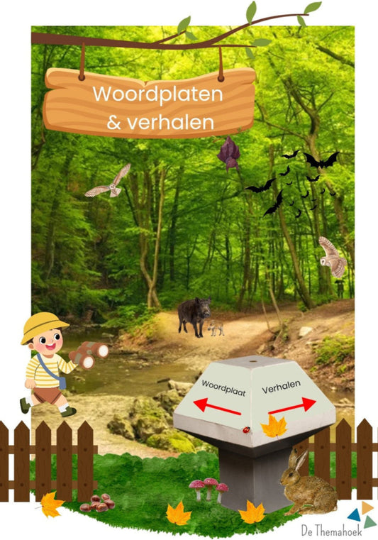woordplaten met verhalen, praatplaat bos, woordkaarten bos, thema bos, kleuters, de themahoek