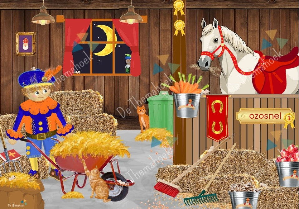 zoekplaat, thema sint, stal van ozosnel, ozosnel, woordplaat, woordenschat, groep 1/2, kleuters, nt2 onderwijs, praatplaat, spel, de themahoek, themahoek