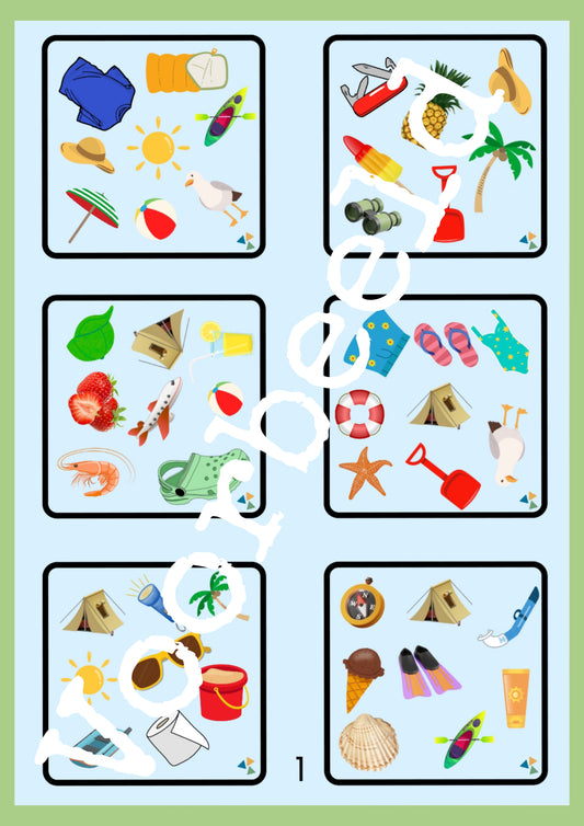 dobble in het thema zomer voor groep 1/2 van de themahoek, themahoek, thema strand